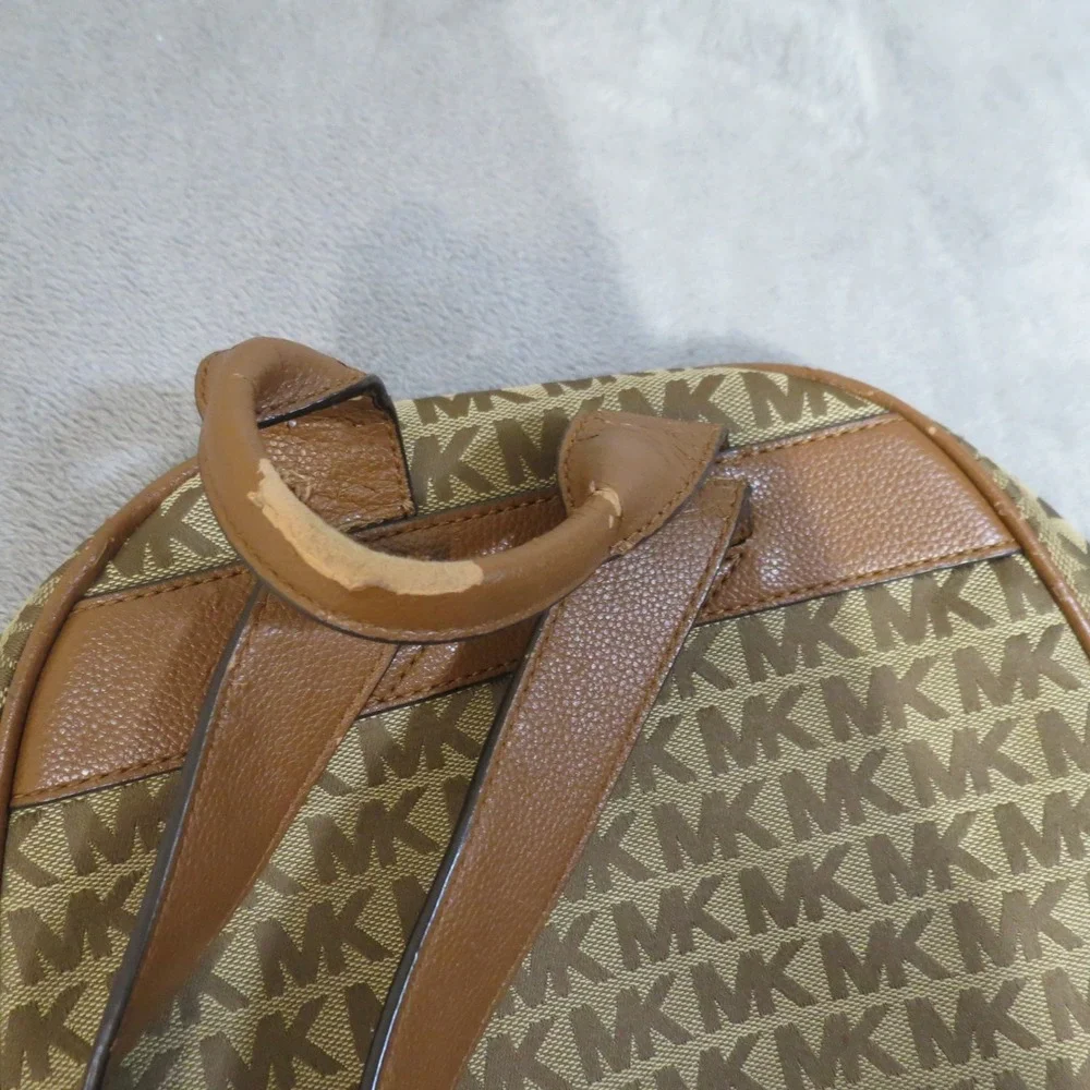 Michael Kors Abbey Backpack Signature Monogram Canvas Tan Leather Gold Hardware
